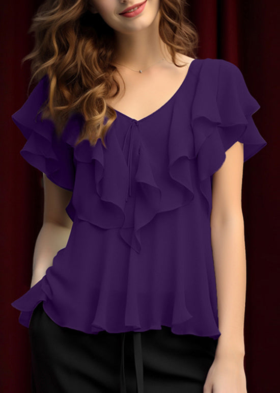 Elegant Grey Ruffled Patchwork Chiffon Blouses Summer