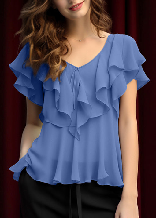 Elegant Grey Ruffled Patchwork Chiffon Blouses Summer