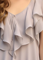 Elegant Grey Ruffled Patchwork Chiffon Blouses Summer