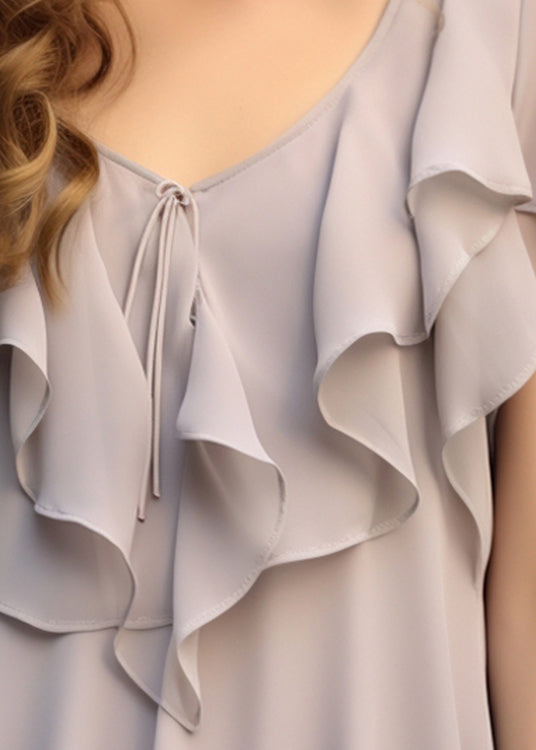 Elegant Grey Ruffled Patchwork Chiffon Blouses Summer