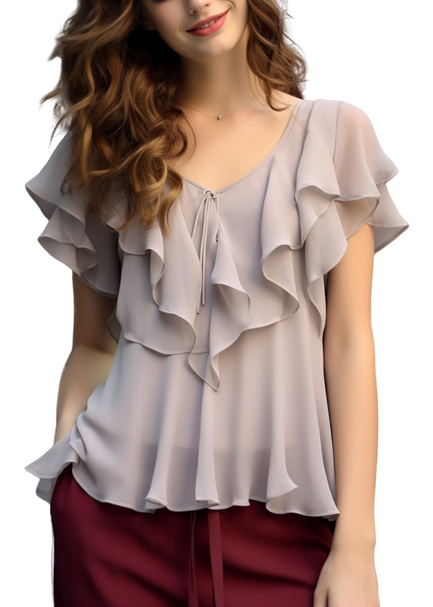 Elegant Grey Ruffled Patchwork Chiffon Blouses Summer