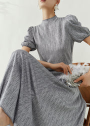 Elegant Grey Turtleneck Top And Maxi Skirts Two Pieces Set Puff Sleeve