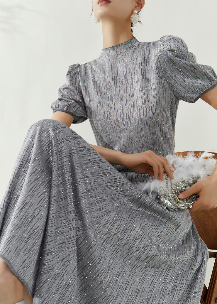 Elegant Grey Turtleneck Top And Maxi Skirts Two Pieces Set Puff Sleeve