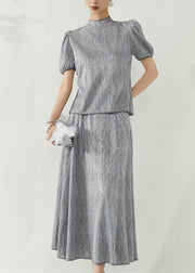 Elegant Grey Turtleneck Top And Maxi Skirts Two Pieces Set Puff Sleeve