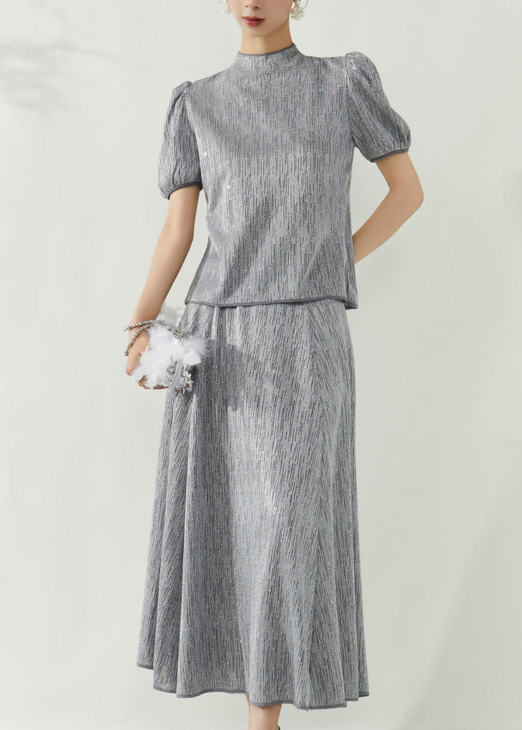 Elegant Grey Turtleneck Top And Maxi Skirts Two Pieces Set Puff Sleeve