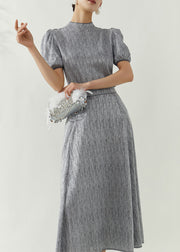 Elegant Grey Turtleneck Top And Maxi Skirts Two Pieces Set Puff Sleeve
