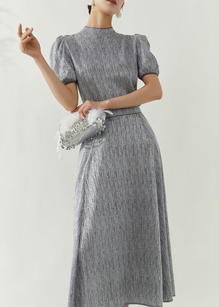 Elegant Grey Turtleneck Top And Maxi Skirts Two Pieces Set Puff Sleeve