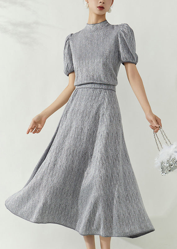 Elegant Grey Turtleneck Top And Maxi Skirts Two Pieces Set Puff Sleeve