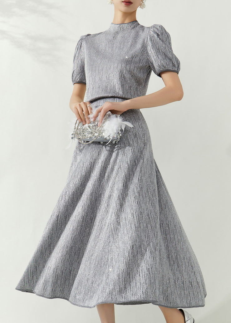 Elegant Grey Turtleneck Top And Maxi Skirts Two Pieces Set Puff Sleeve
