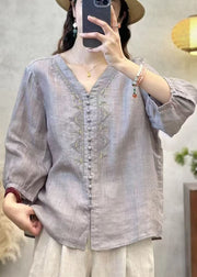 Elegant Grey V Neck Embroidered Linen Shirts Bracelet Sleeve
