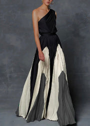 Elegant Grey Wrinkled Patchwork Cotton Ankle Dress Sleeveless