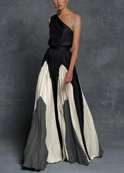 Elegant Grey Wrinkled Patchwork Cotton Ankle Dress Sleeveless