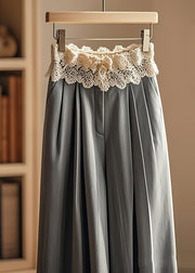 Elegant Grey Wrinkled Patchwork Lace Wide Leg Pants Fall