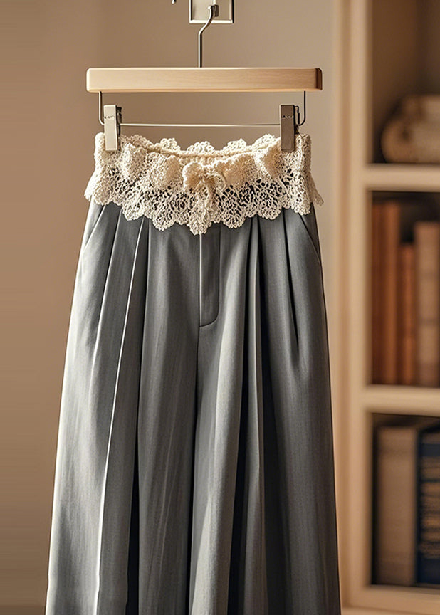 Elegant Grey Wrinkled Patchwork Lace Wide Leg Pants Fall