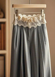 Elegant Grey Wrinkled Patchwork Lace Wide Leg Pants Fall