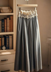 Elegant Grey Wrinkled Patchwork Lace Wide Leg Pants Fall