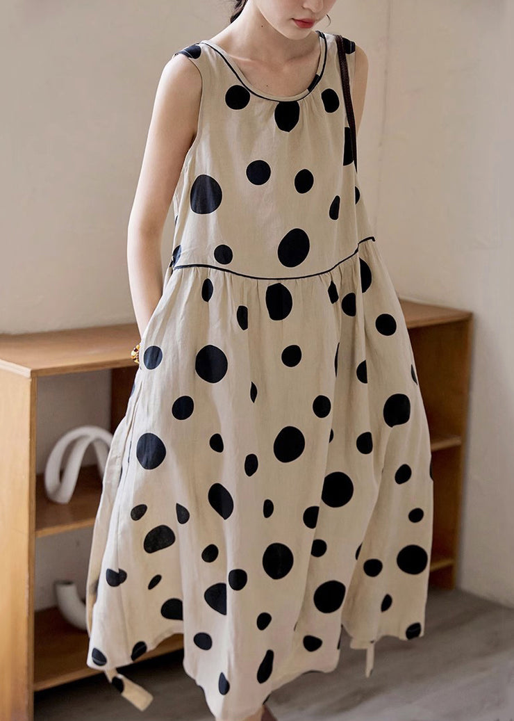 Elegant Khaki Dot Pockets Tie Waist Cotton Long Dress Sleeveless