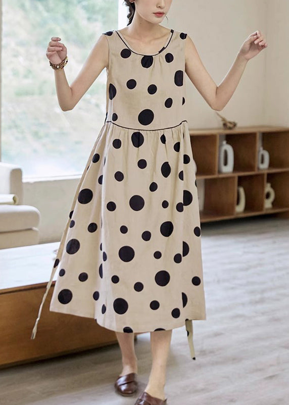 Elegant Khaki Dot Pockets Tie Waist Cotton Long Dress Sleeveless