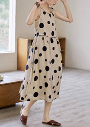 Elegant Khaki Dot Pockets Tie Waist Cotton Long Dress Sleeveless