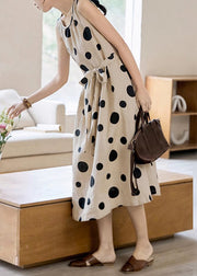 Elegant Khaki Dot Pockets Tie Waist Cotton Long Dress Sleeveless