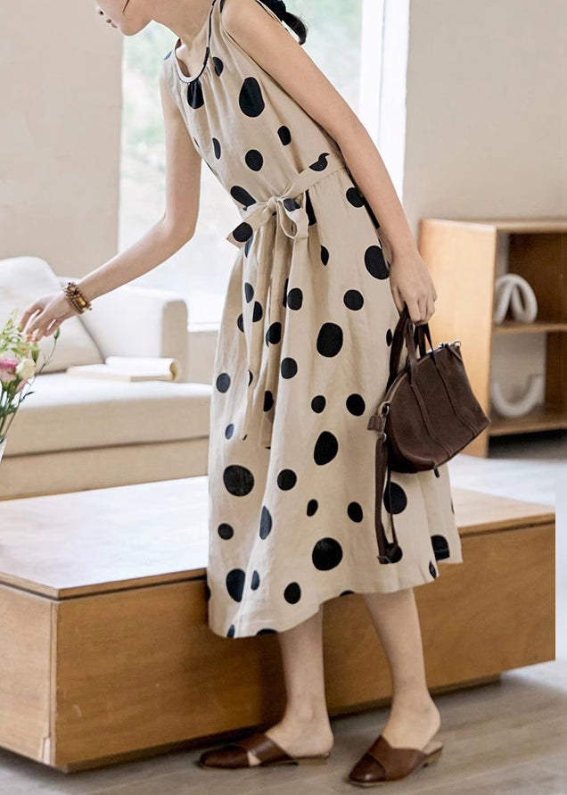 Elegant Khaki Dot Pockets Tie Waist Cotton Long Dress Sleeveless