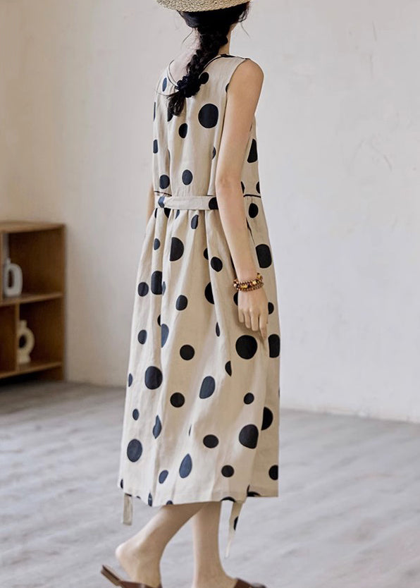 Elegant Khaki Dot Pockets Tie Waist Cotton Long Dress Sleeveless
