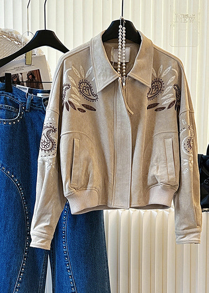 Elegant Khaki Embroidered Pockets Cotton Jackets Spring