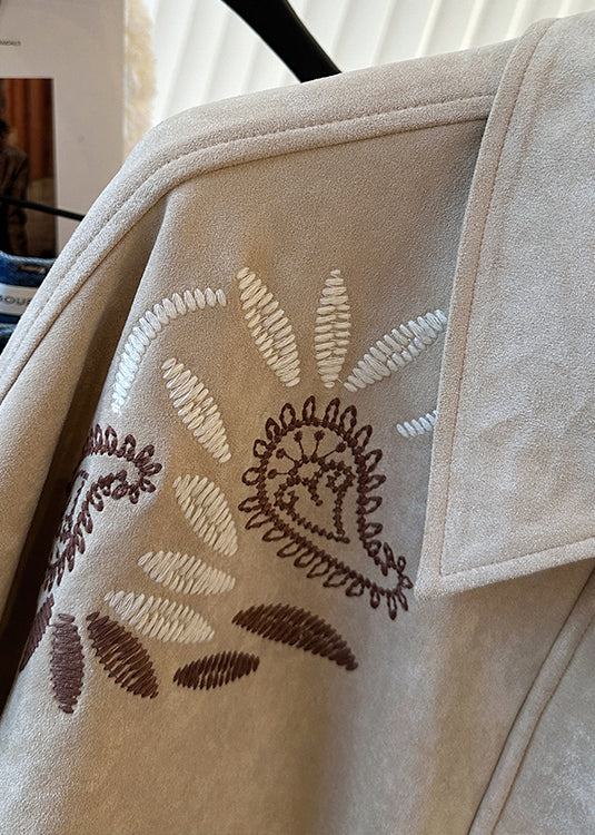 Elegant Khaki Embroidered Pockets Cotton Jackets Spring