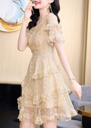 Elegant Khaki Embroidered Ruffled Lace Mid Dress Summer