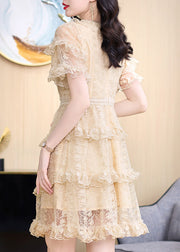Elegant Khaki Embroidered Ruffled Lace Mid Dress Summer