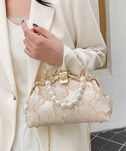 Elegant Khaki Pearl Zircon Satin Tote Handbag