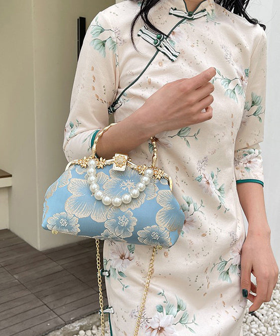 Elegant Khaki Pearl Zircon Satin Tote Handbag