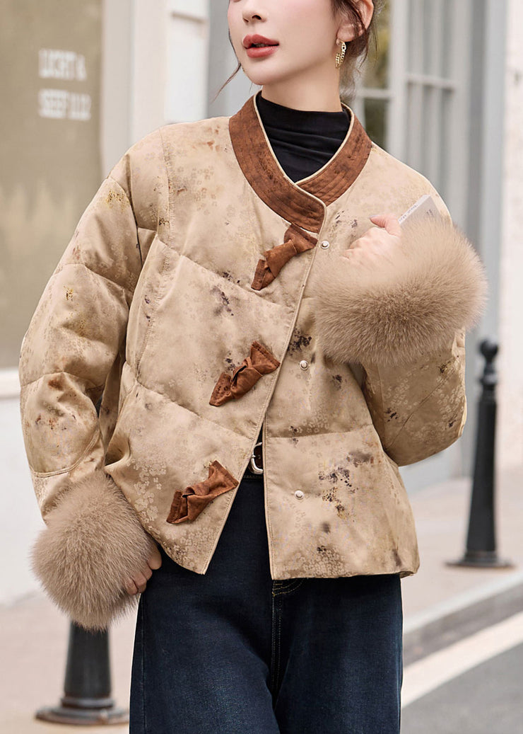 Elegant Khaki Print Patchwork Fox Fur Duck Down Winter Coats
