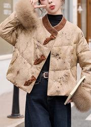 Elegant Khaki Print Patchwork Fox Fur Duck Down Winter Coats