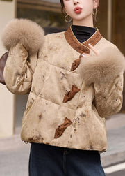 Elegant Khaki Print Patchwork Fox Fur Duck Down Winter Coats