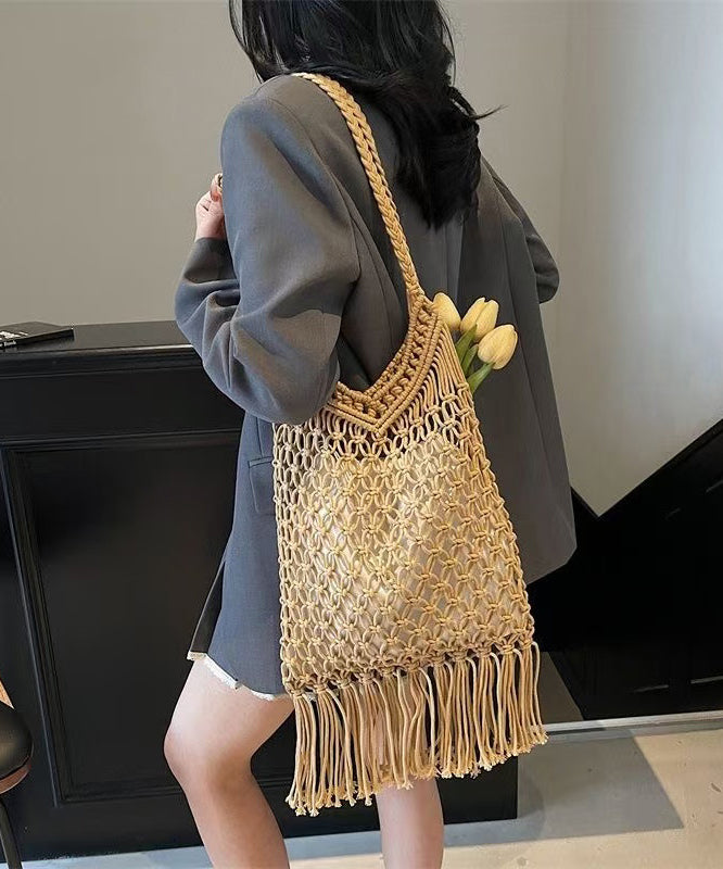 Elegant Khaki Tasseled Hollow Out Knit Shoulder Bags