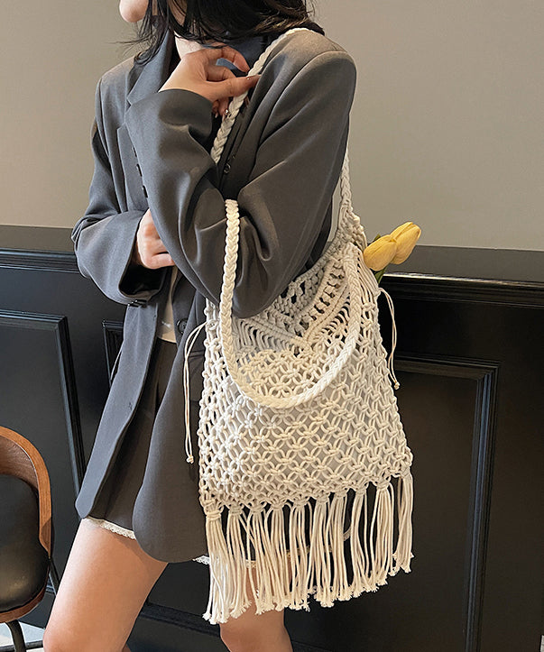 Elegant Khaki Tasseled Hollow Out Knit Shoulder Bags