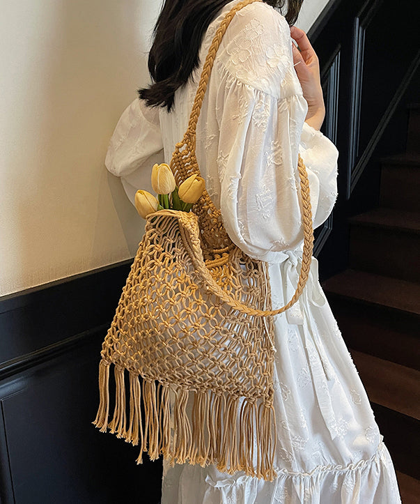 Elegant Khaki Tasseled Hollow Out Knit Shoulder Bags