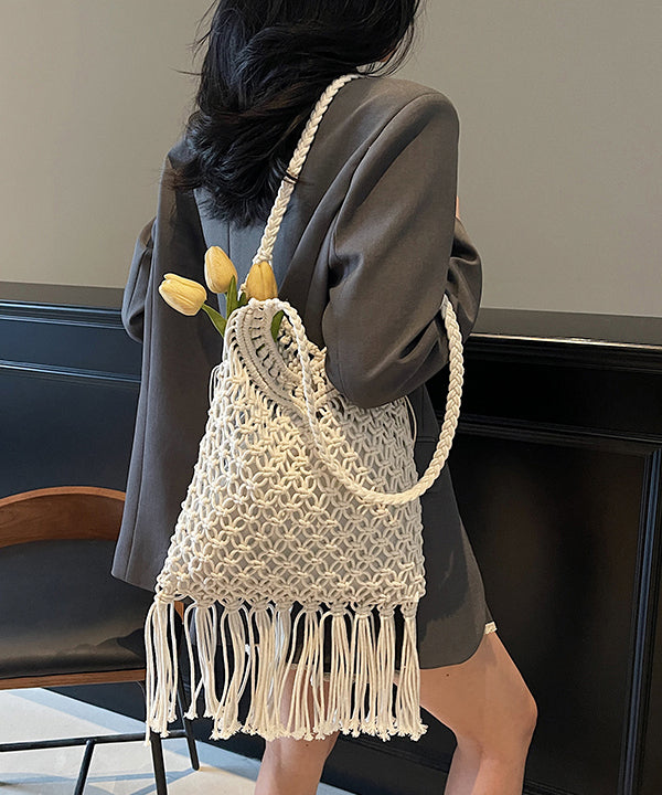 Elegant Khaki Tasseled Hollow Out Knit Shoulder Bags