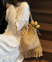 Elegant Khaki Tasseled Hollow Out Knit Shoulder Bags