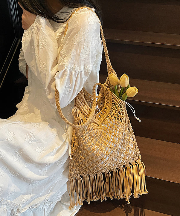 Elegant Khaki Tasseled Hollow Out Knit Shoulder Bags