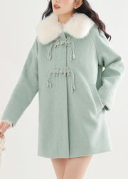 Elegant Lake Green Fur Collar Oversized Woolen Coat Winter