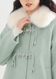Elegant Lake Green Fur Collar Oversized Woolen Coat Winter