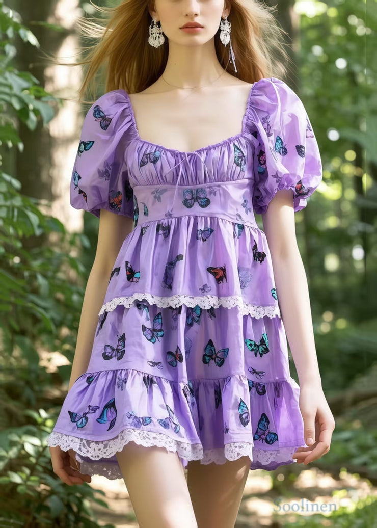Elegant Lavender Square Collar Butterfly Cotton Tea Dress Puff Sleeve
