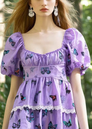 Elegant Lavender Square Collar Butterfly Cotton Tea Dress Puff Sleeve