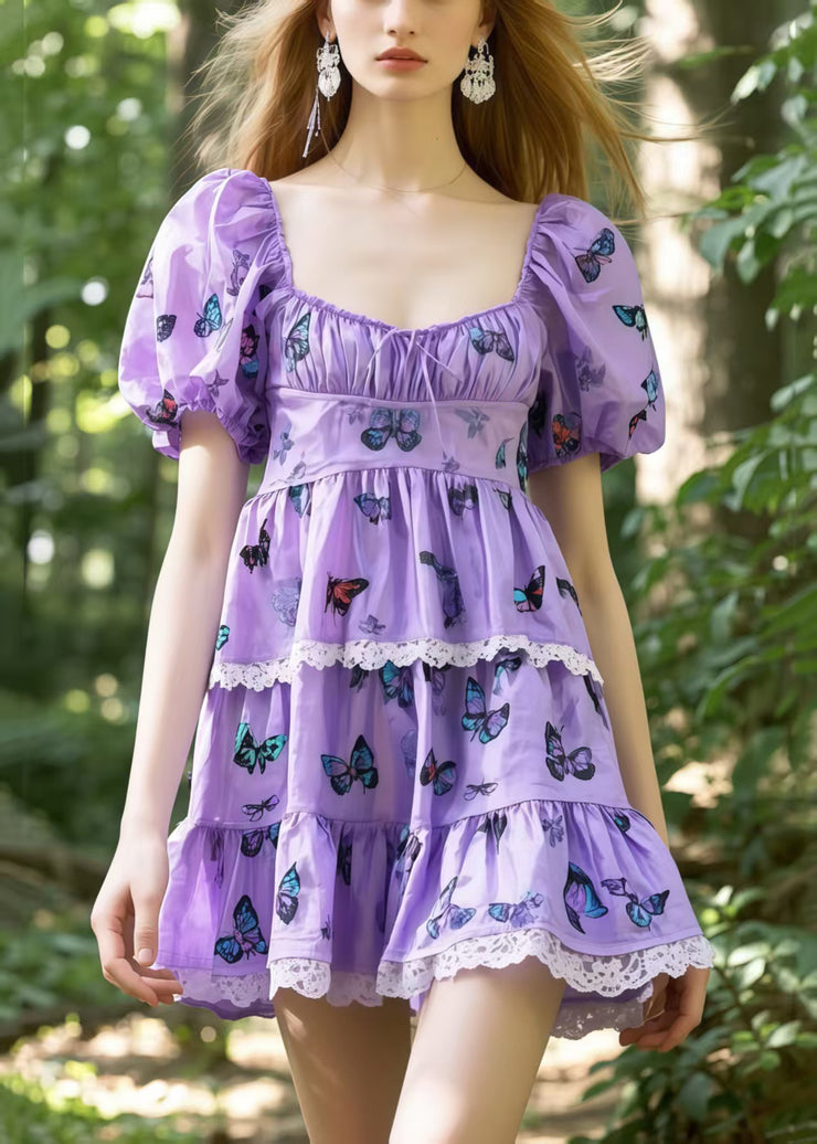 Elegant Lavender Square Collar Butterfly Cotton Tea Dress Puff Sleeve