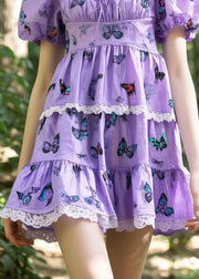 Elegant Lavender Square Collar Butterfly Cotton Tea Dress Puff Sleeve