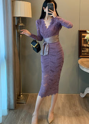 Elegant Lavender V Neck Tie Waist Lace Party Dresses Summer