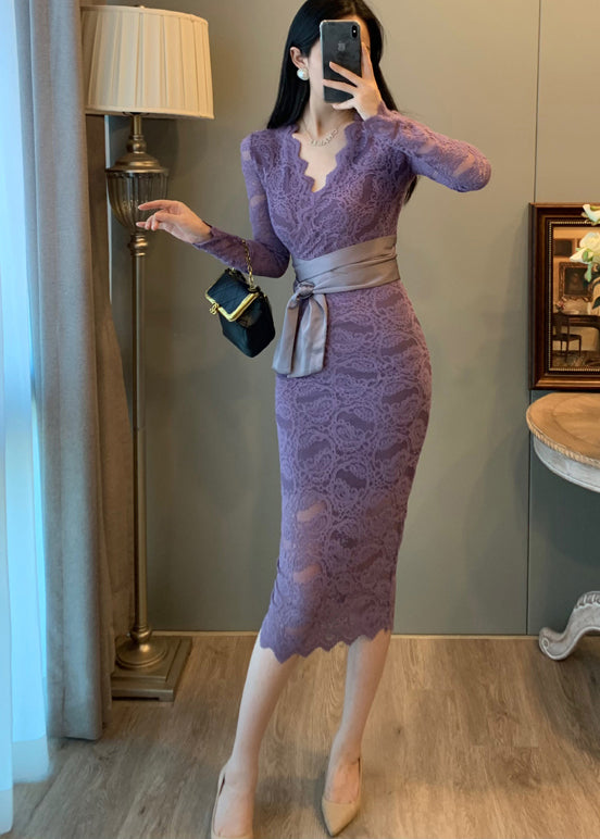 Elegant Lavender V Neck Tie Waist Lace Party Dresses Summer