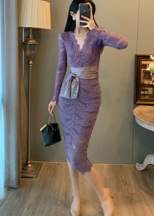 Elegant Lavender V Neck Tie Waist Lace Party Dresses Summer